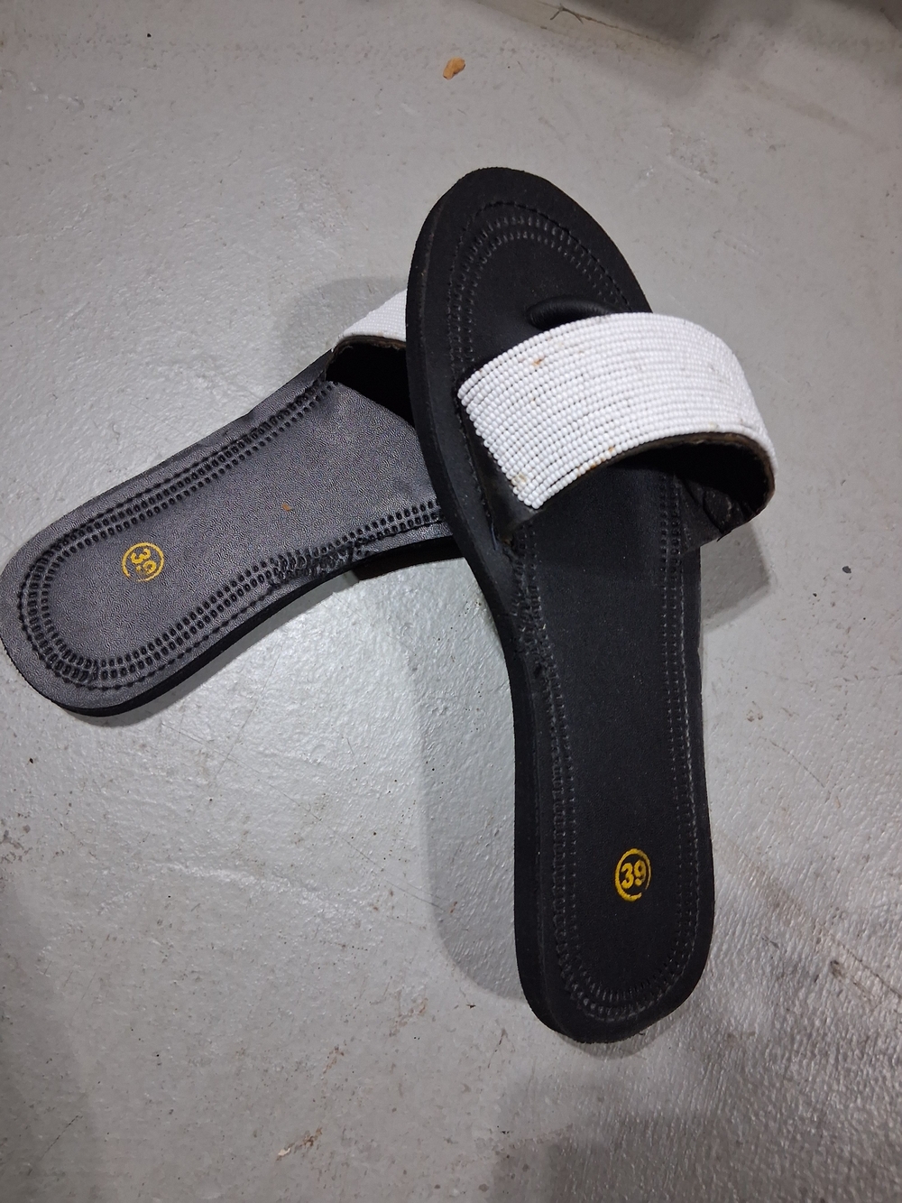 Black Slide Sandals with White Beaded Strap